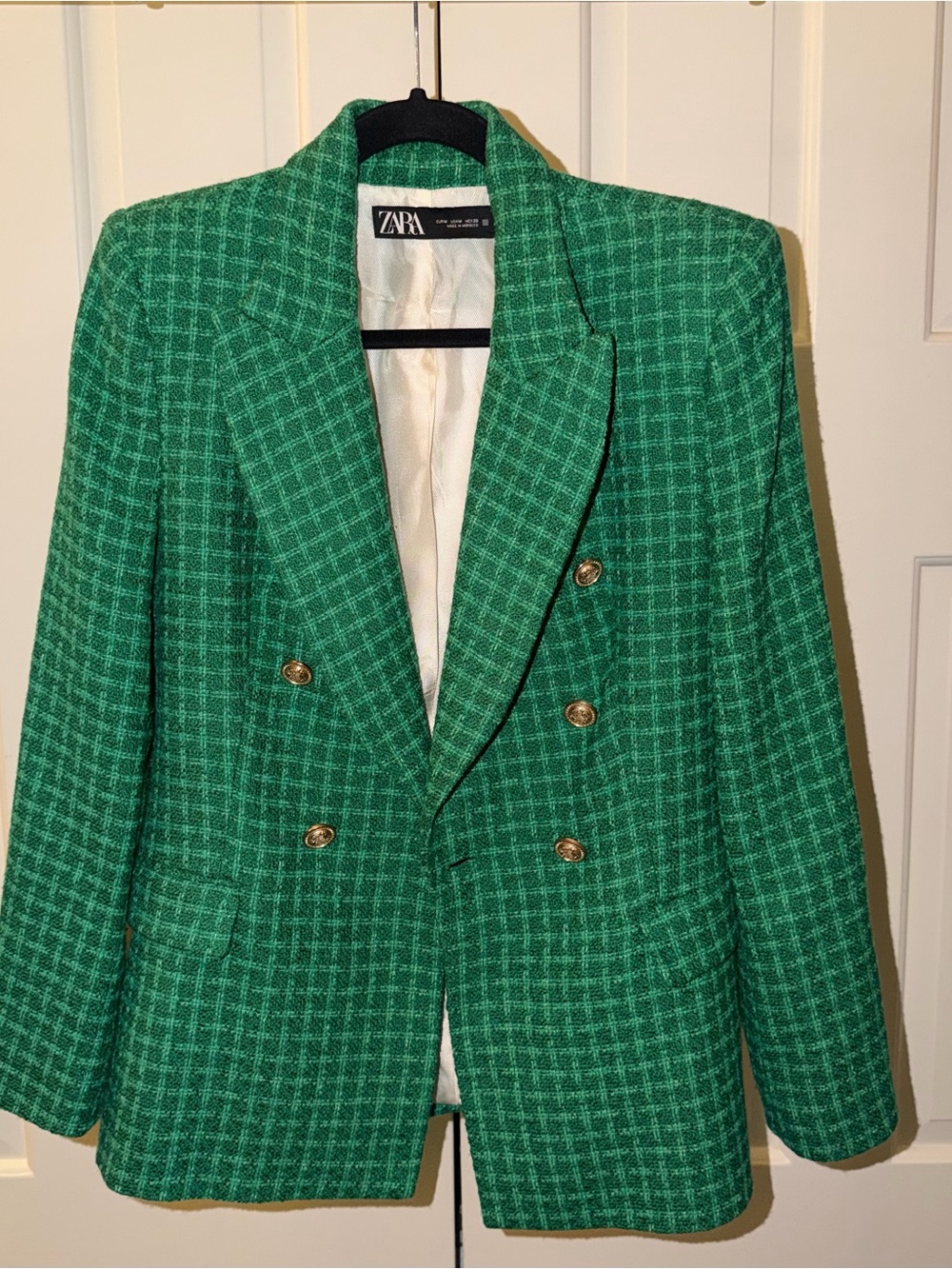Zara Emerald Green Tweed Double-Breasted Blazer with Gold Buttons